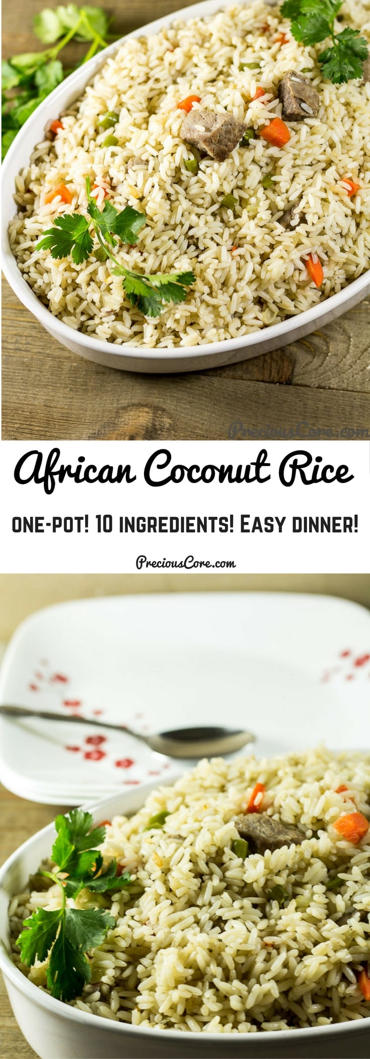 Cameroonian Coconut Rice - African coconut rice recipe. All you need is 10 ingredients and one-pot to make this coconut rice dinner. So good! Get the recipe on Precious Core. #onepot #dinner #easymeals #africanfood #preciouscore