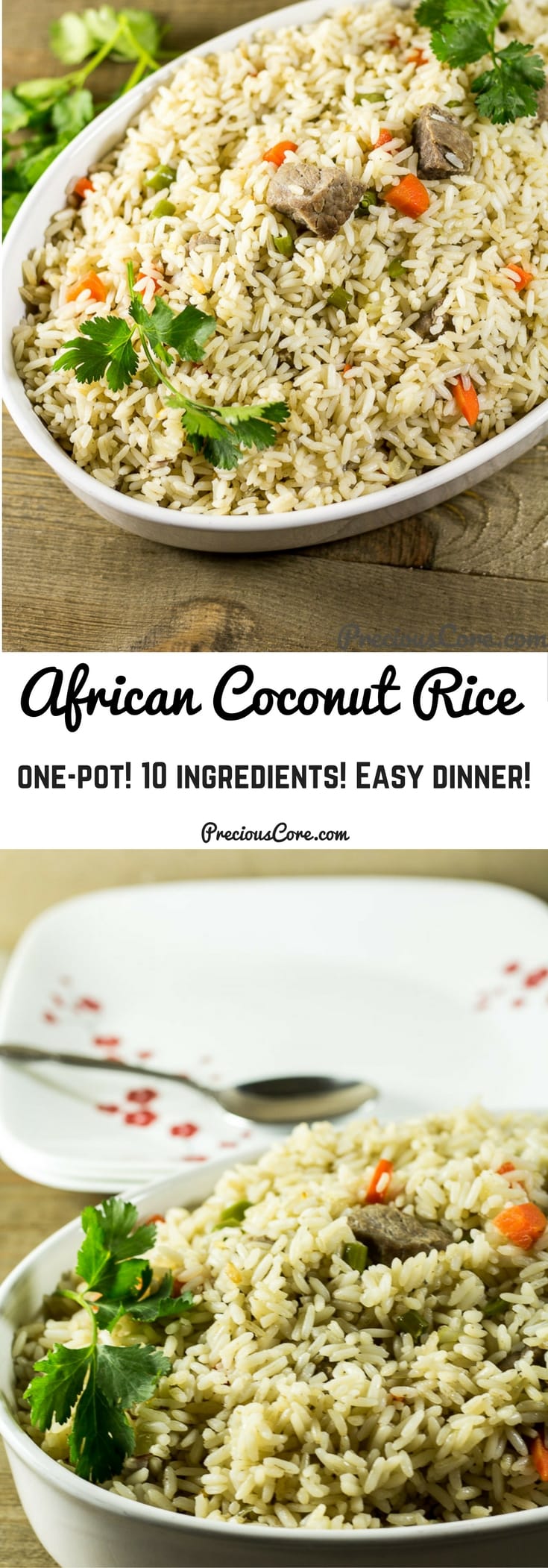 Collage with text \"African Coconut Rice One-Pot! 10 Ingredients! Easy Dinner!\"