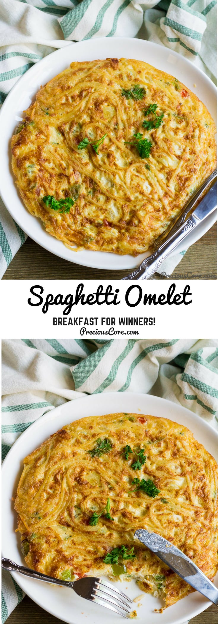 Collage with text \"Spaghetti Omelet Breakfast for Winners!\"