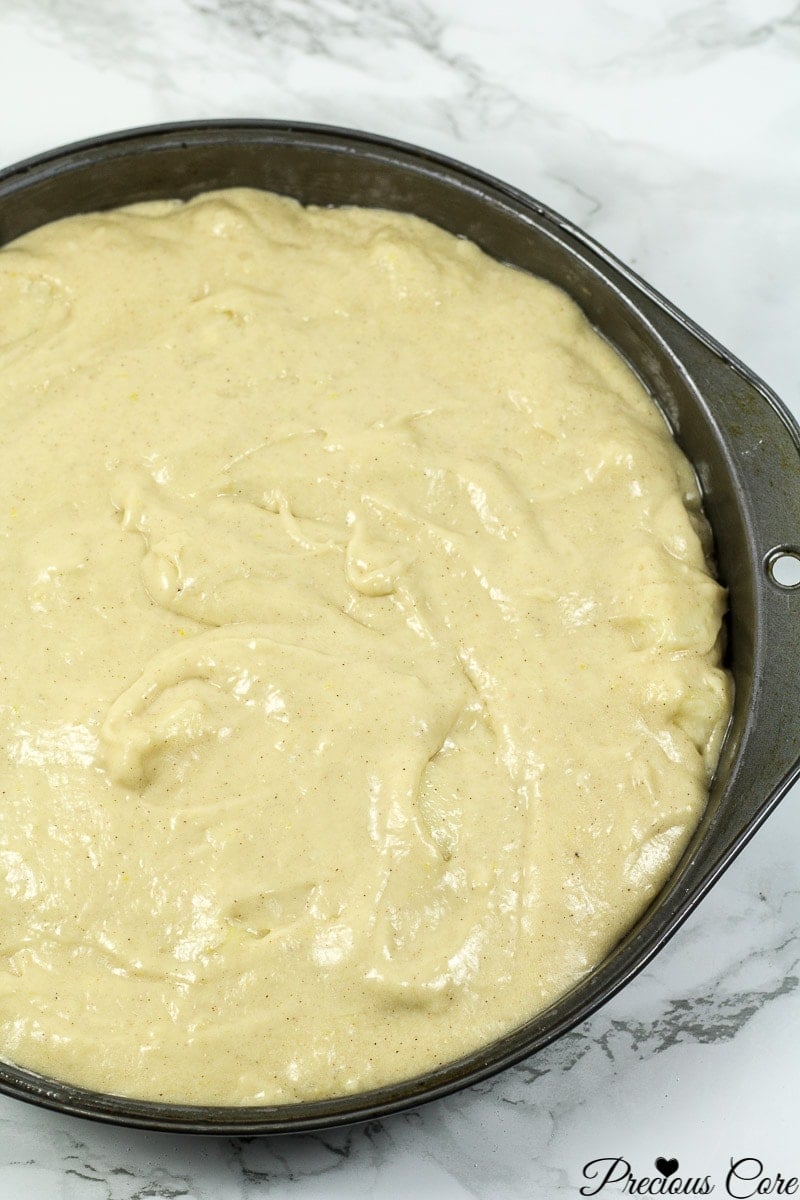 Cake batter in a greased pan.