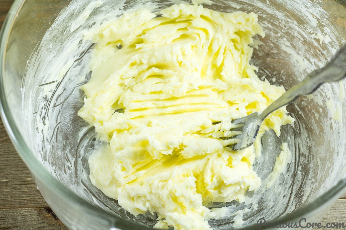 Creaming butter and sugar for shortbread cookies.