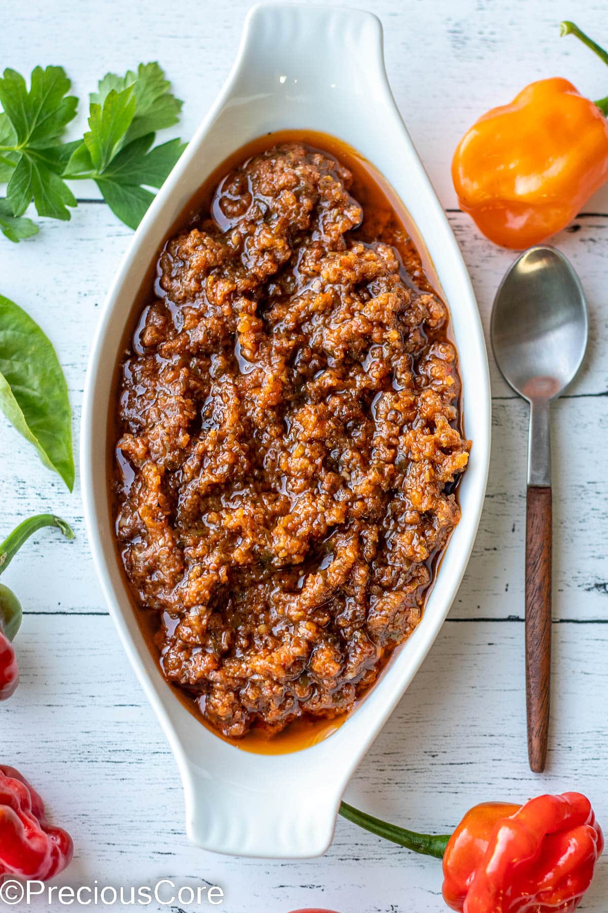 African Pepper Sauce in white small serving dish.