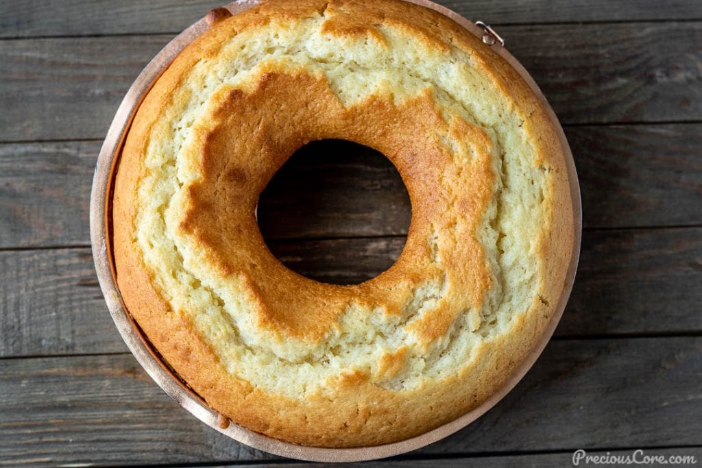 freshly baked yogurt cake in baking pan