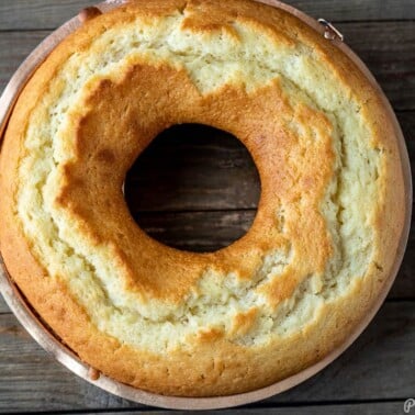 freshly baked yogurt cake in baking pan