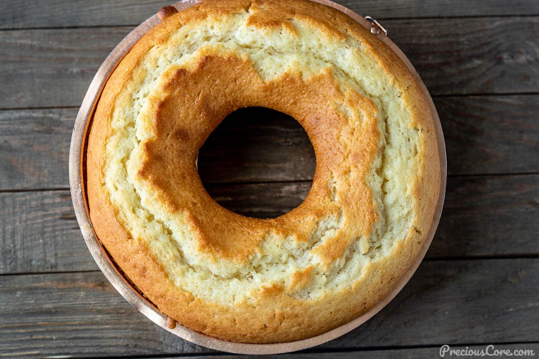 Freshly baked yogurt cake in baking pan.