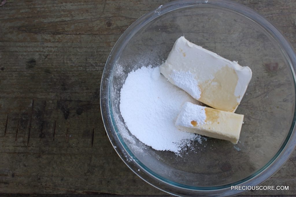 Cream cheese filling ingredients in a mixing bowl.