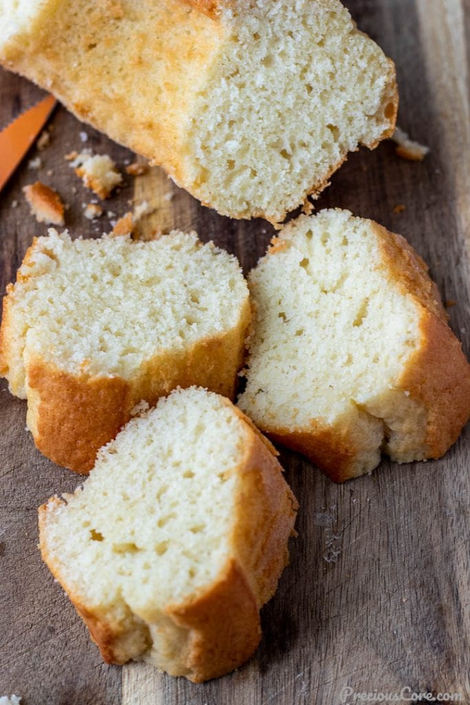 yogurt cake slices on chopping board