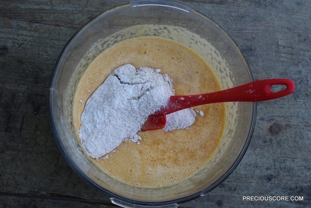 Wet and dry ingredients together in a mixing bowl.