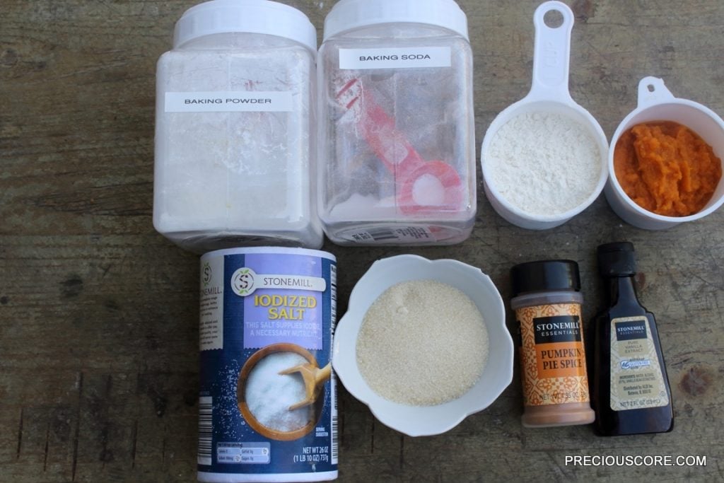 Cake ingredients including baking powder, salt, and pumpkin pie spice.