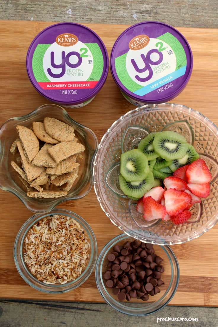 Containers of yo2 frozen yogurt with bowls of toppings including fruit.