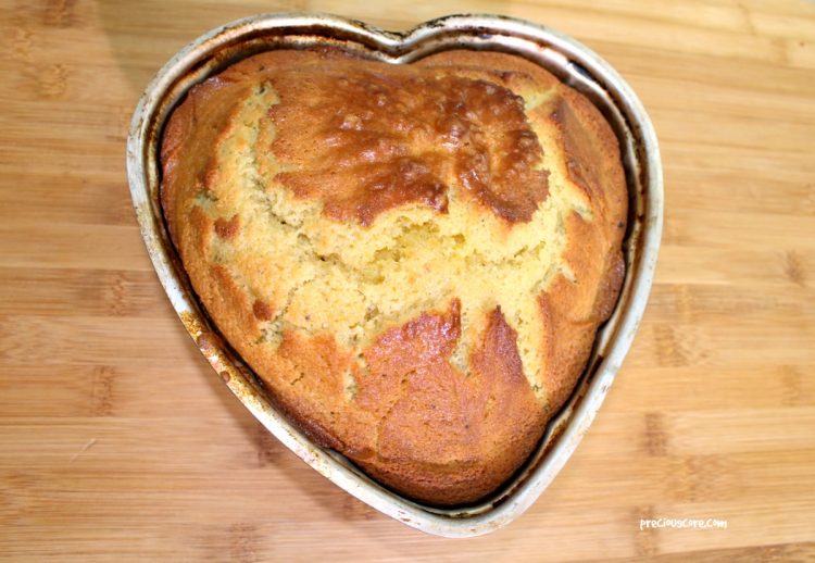 Plain cake in a heart-shaped pan.