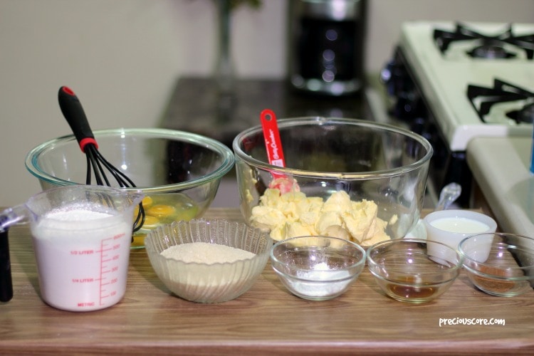 Cake ingredients including flour, eggs, and milk.