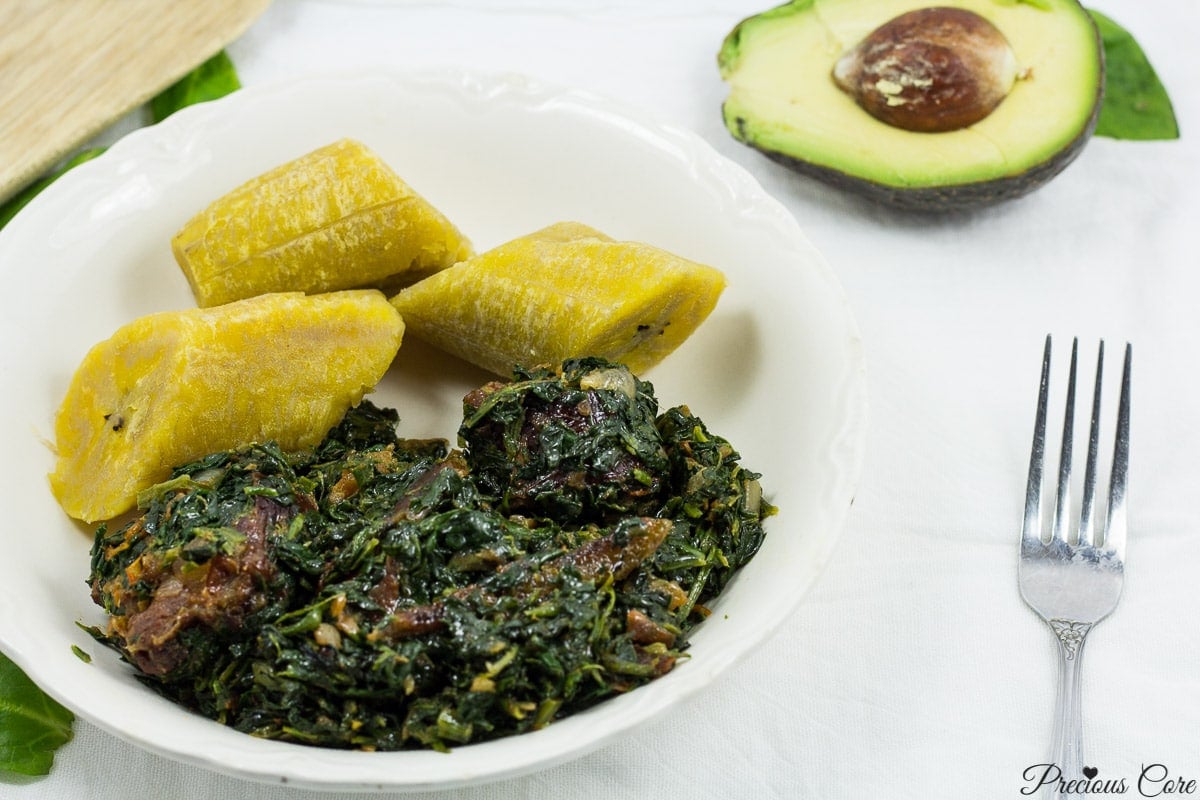 African Stewed Spinach with plantains