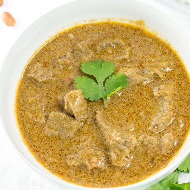 Groundnut Soup in a white bowl.