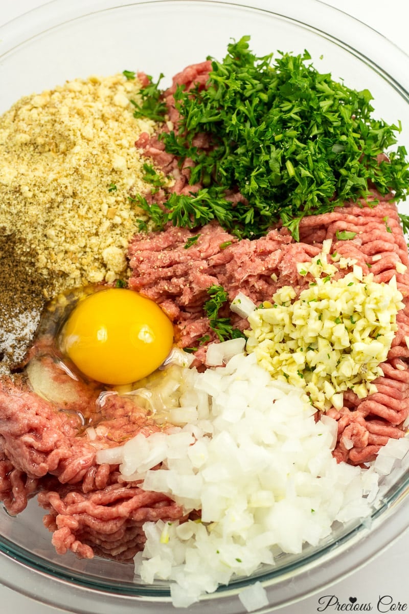 ingredients for meatballs in bowl