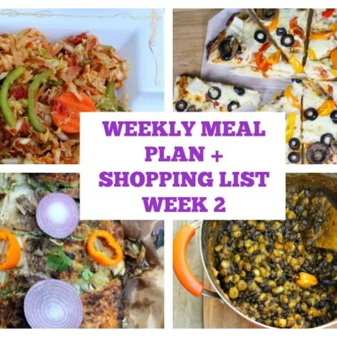 Collage with text "Weekly Meal Plan + Shopping List Week 2."