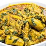 Large bowl of Cameroonian plantain porridge.