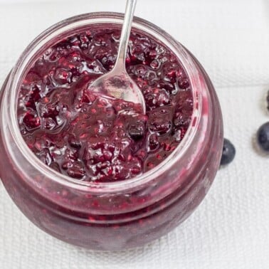Mixed berry jam in a jar.