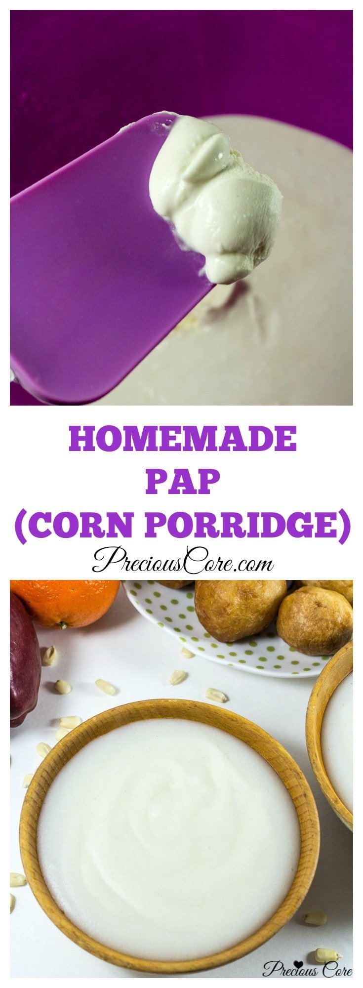 How to make pap from scratch! Pap is a corn porridge typically eaten in Cameroon and Nigeria. Instead of using whole corn as is traditionally used, I used corn flour in this recipe and the results are epic. It is authentic, slightly tangy and so comforting. I love having this for breakfast or a quick dinner.