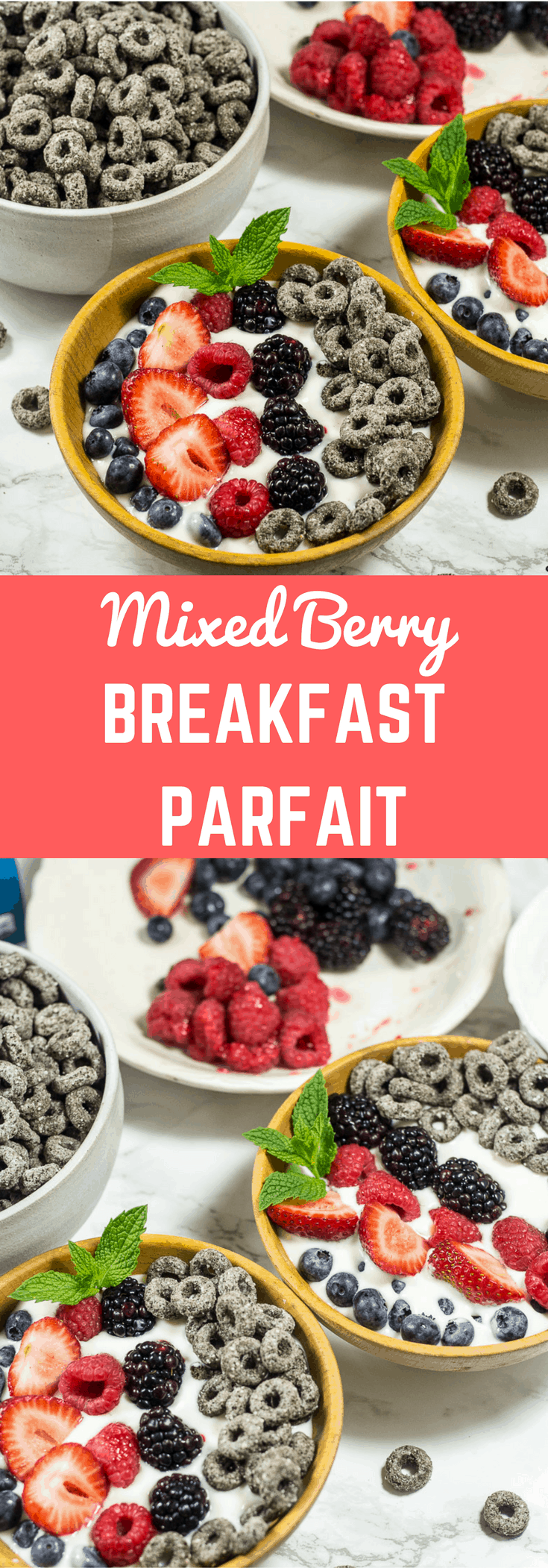 Collage with text \"Mixed Berry Breakfast Parfait.\"