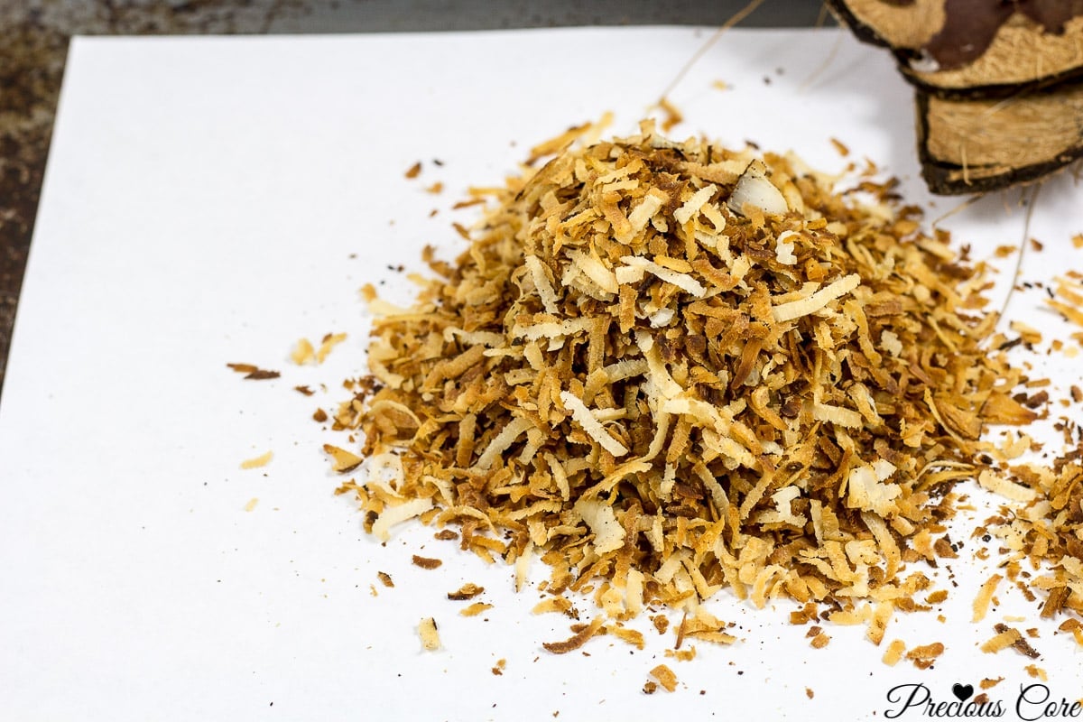 Toasted coconut flakes on paper.