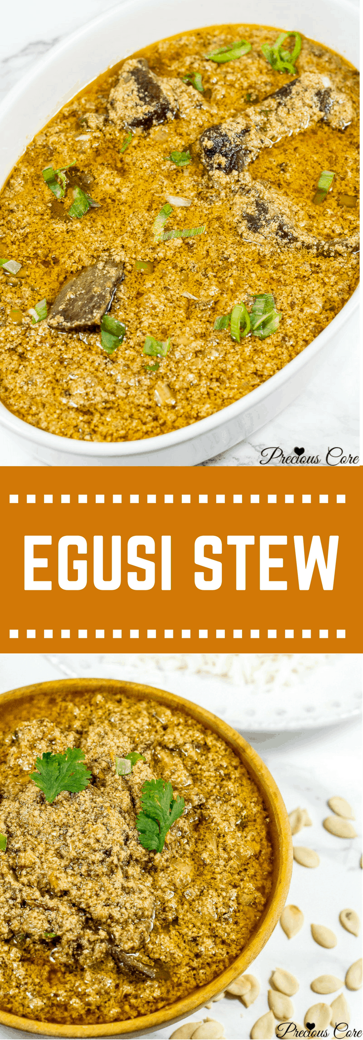 How to make luscious egusi (pumpkin seeds) stew with beef. This stew is great on boiled rice. You could also enjoy it with plantains, potatoes or even yams. Get the full recipe on PreciousCore.com. #AfricanFood #Stews