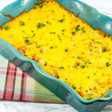 Chicken and rice casserole made in the oven. One-pan dinner recipe.