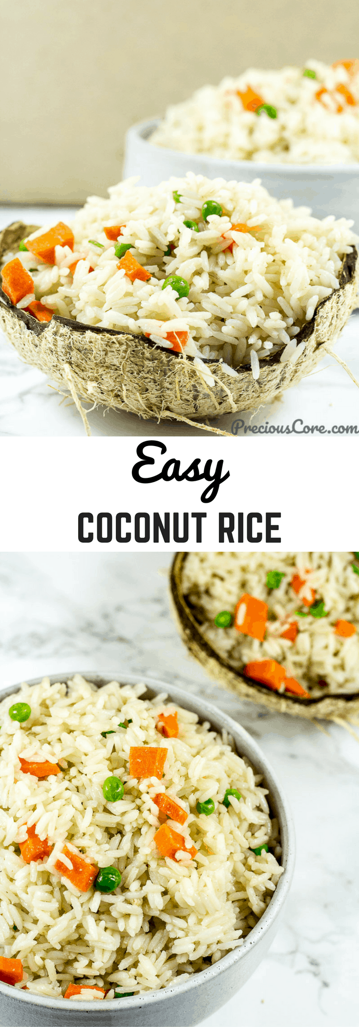 This easy coconut rice only requires 5 ingredients and about 20 minutes. The perfect side dish for stews or curries! Enjoy this simple coconut rice recipe on PreciousCore.com.