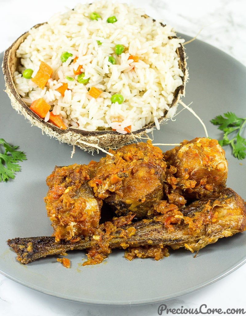 Coconut rice served with peppered fish