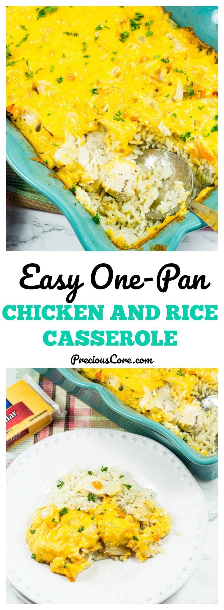 Collage with text \"Easy One-Pan Chicken and Rice Casserole.\"