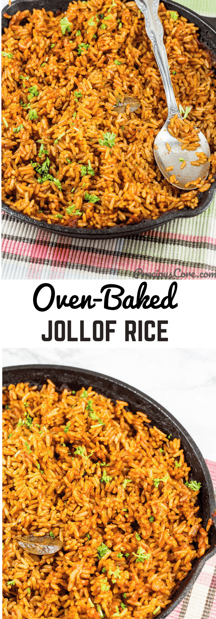 Collage of rice with text \"Oven-Baked Jollof Rice.\"