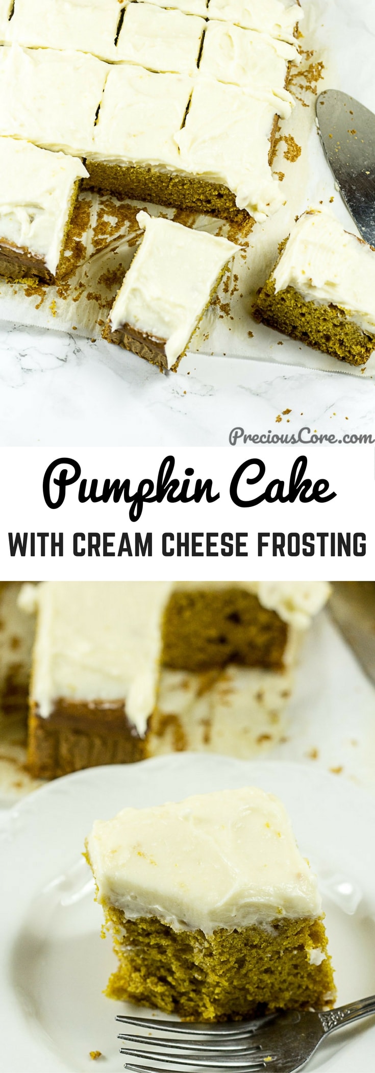 The best ever Pumpkin Cake with Cream Cheese Frosting. Perfect for your Thanksgiving/celebration table! #Thanksgiving #Thanksgiving2017 #Cakes #PumpkinCake