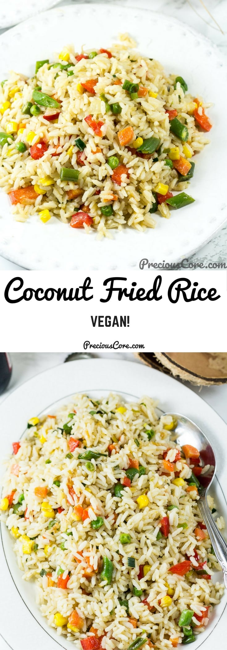 Coconut Fried Rice is pure gebakken rijst epicness. Maak dit voor het diner of voor feesten/potlucks. De rijst wordt gekookt in kokosmelk en vervolgens geroerd in kokosolie. Perfect kokosnoot en veganistisch! Haal het recept op preciouscore, com. Instagram: #Coconut #DinnerRecipes # Vegan