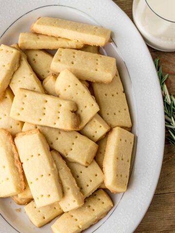 Shortbread Cookies on a platter with milk on the side