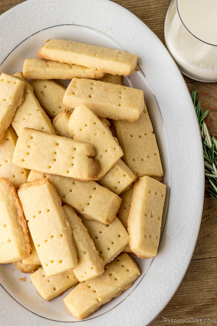 Shortbread Cookies on a platter with milk on the side