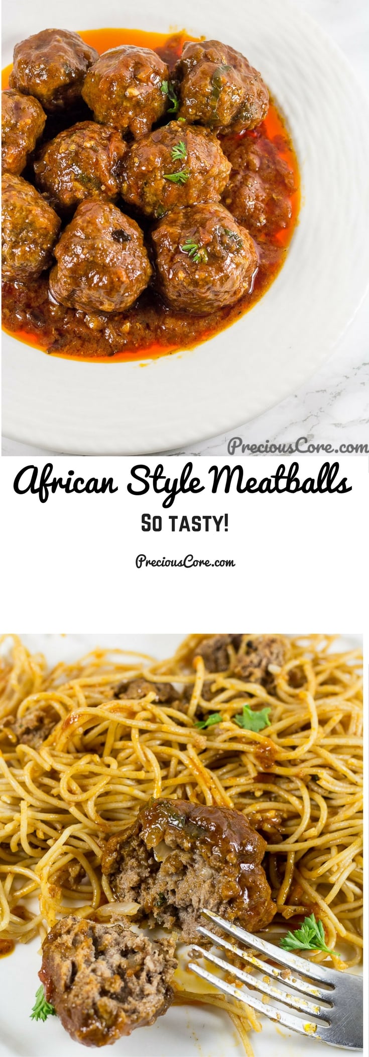 Collage with text \"African Style Meatballs So Tasty!\"