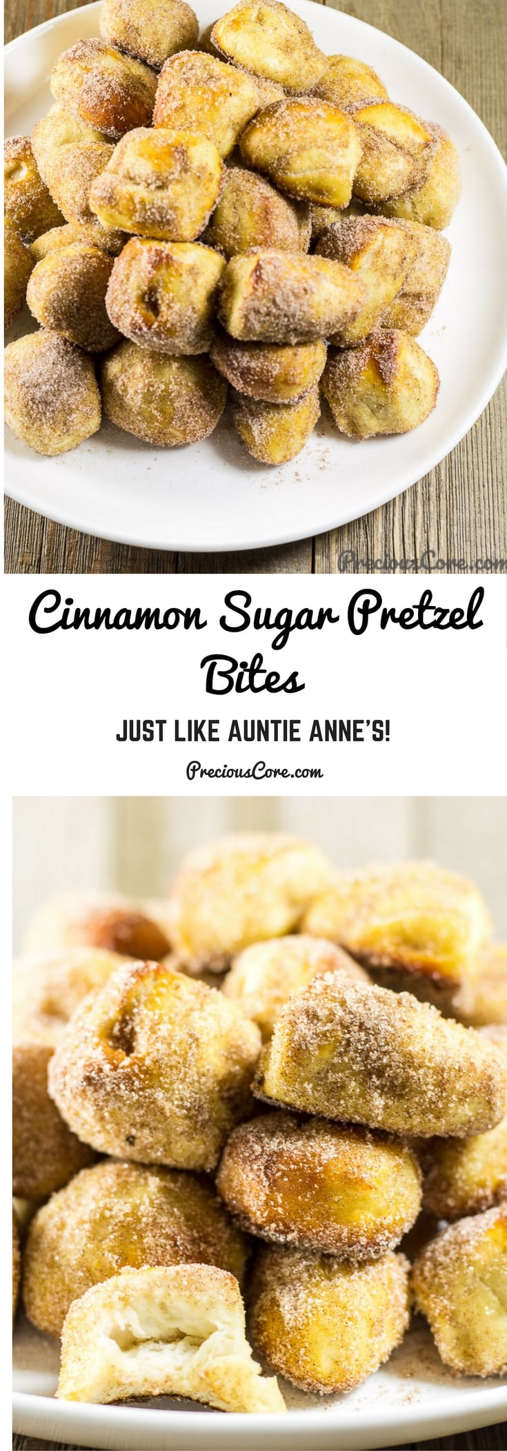 These cinnamon sugar pretzel bites taste just like the ones at the mall. Soft and pillowy on the outside and coated with a heavenly cinnamon sugar mixture. This recipe is perfect for game day or a homemade treat. Get the recipe on preciouscore.com. #homemade #pretzelbites #gameday #pastries #copycatrecipes #baking
