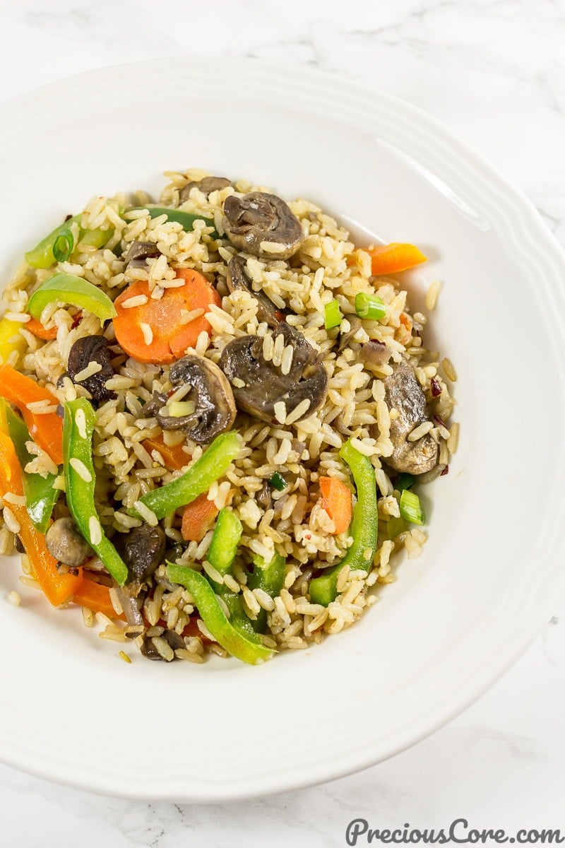 A plate of mushroom fried rice.