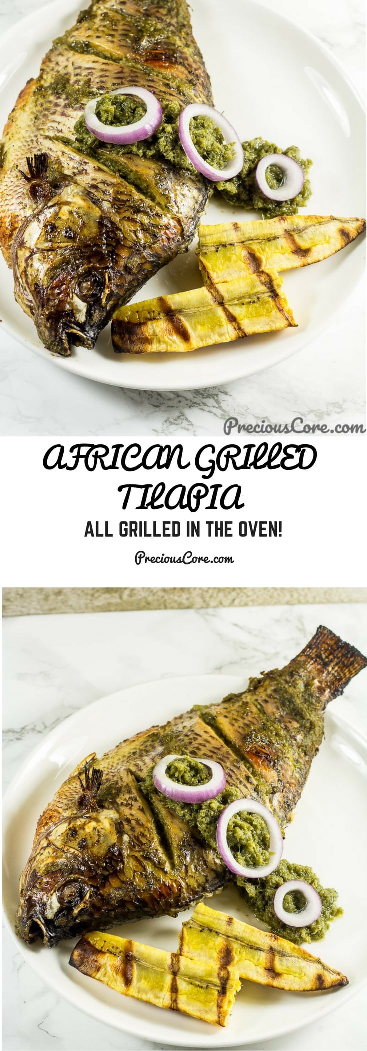 Collage with text \"African Grilled Tilapia All Grilled in the Oven!\"