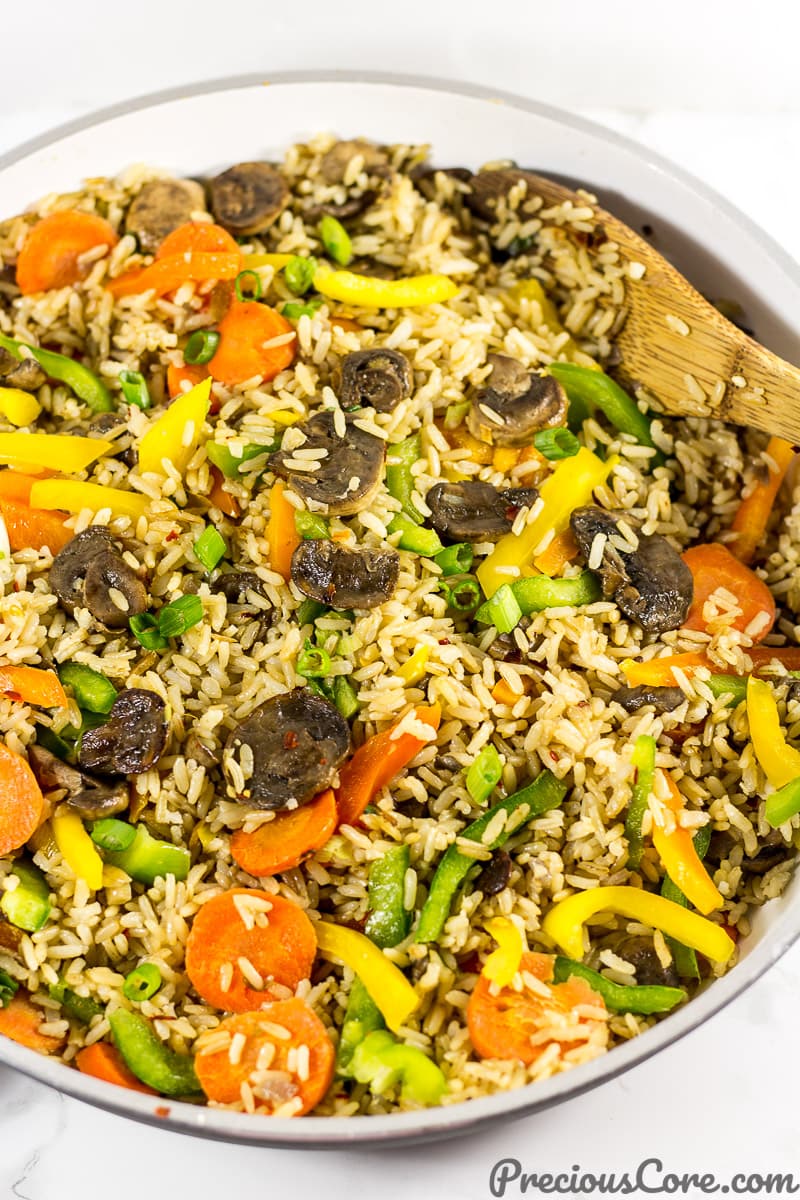 A pan of mushroom fried rice.