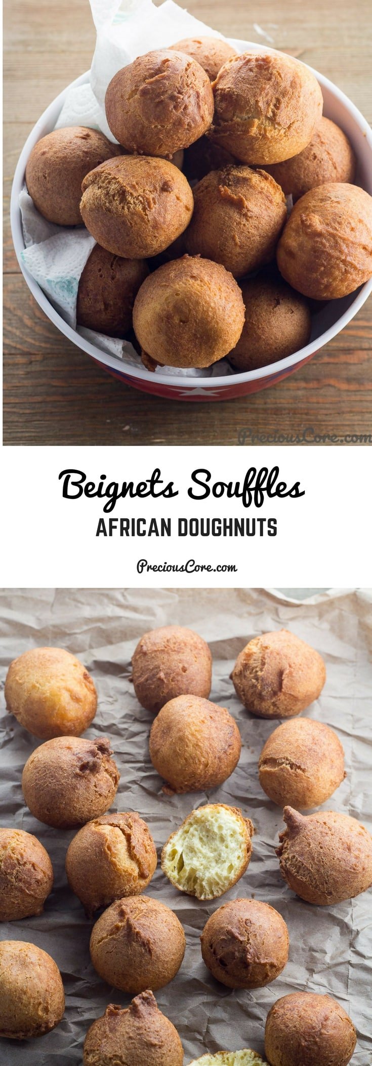 Collage with text \"Beignets Souffles African Doughnuts.\"