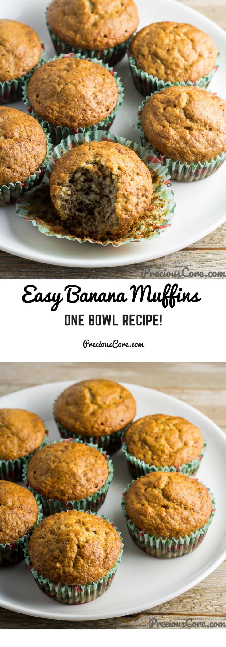 These banana muffins only require one bowl to make! They are great for breakfast, snacking or entertaining. Get the recipe on Precious Core. #breakfast #muffins #bananas #easyrecipes #baking