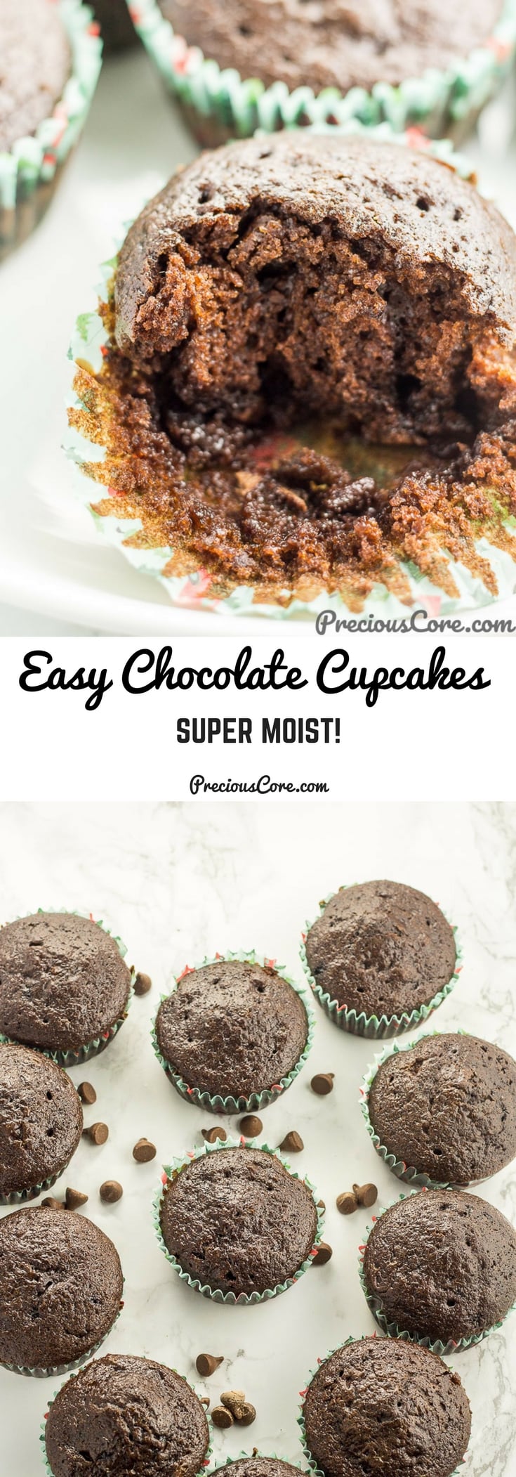 These easy moist chocolate cupcakes are super easy and super moist as the name implies. All you need is one bowl and a few simple ingredients! Get the recipe on Precious Core. #cupcakes, #chocolatecupcakes #dessert #chocolate