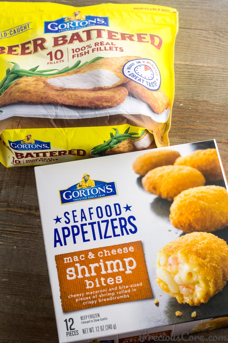 Gorton\'s mac & cheese shrimp bites and beer battered fish filets.