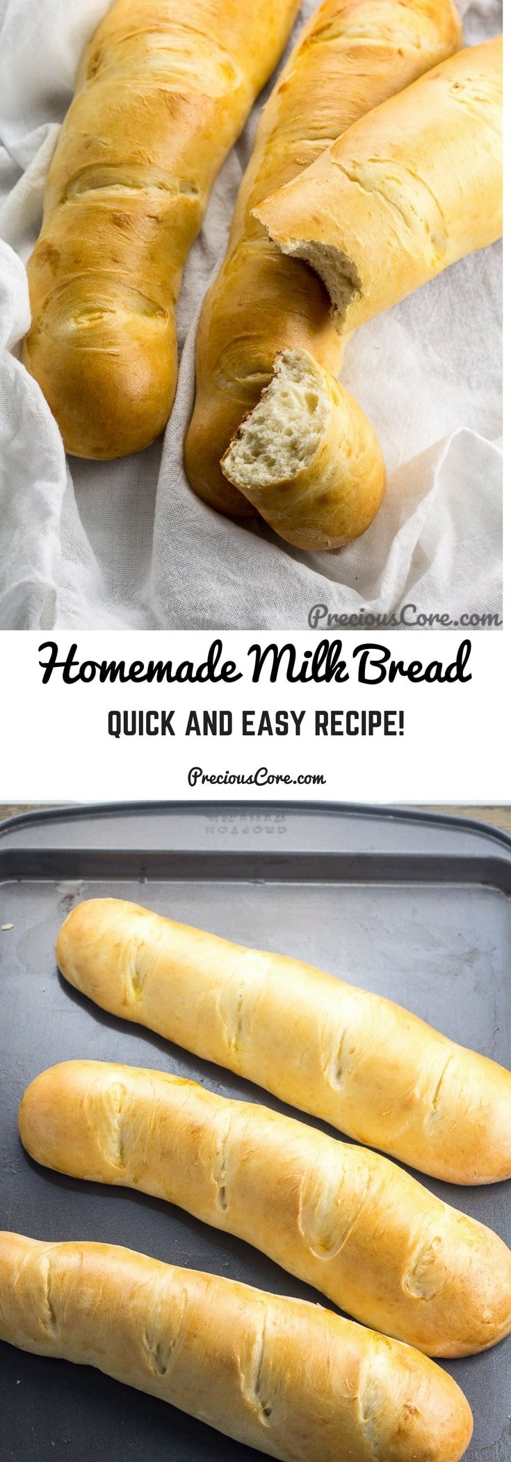 This homemade milk bread is quick, easy with very simple ingredients. Even a baking novice can nail this one! Enjoy this simple homemade bread recipe. Get the recipe on Precious Core. #baking #bread #homemade
