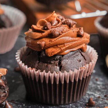 Square image of a chocolate cupcake for thumbnail.