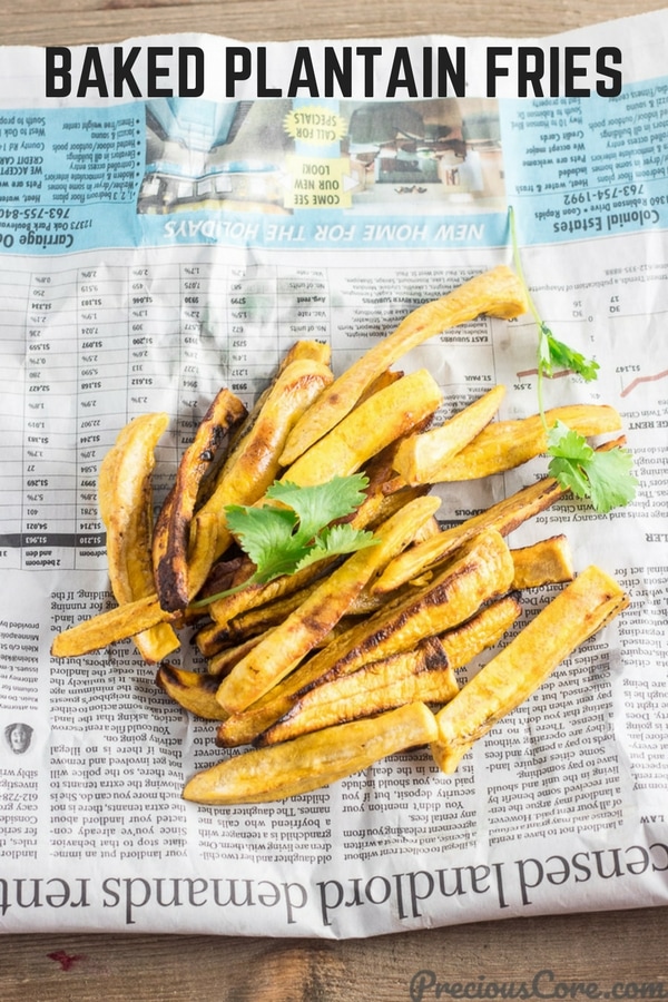 These Healthy Baked Plantain Fries are a delicious alternative to regular potato fries. Enjoy guilt-free the same way you will enjoy fries. So crunchy and delicious! Get the full recipe on Precious Core. #fries #sides #vegan #healthy