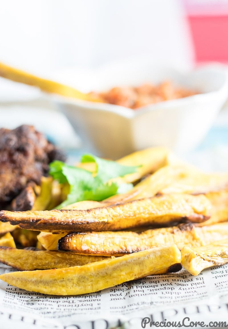 Close up of fries made with semi-ripe plantains.