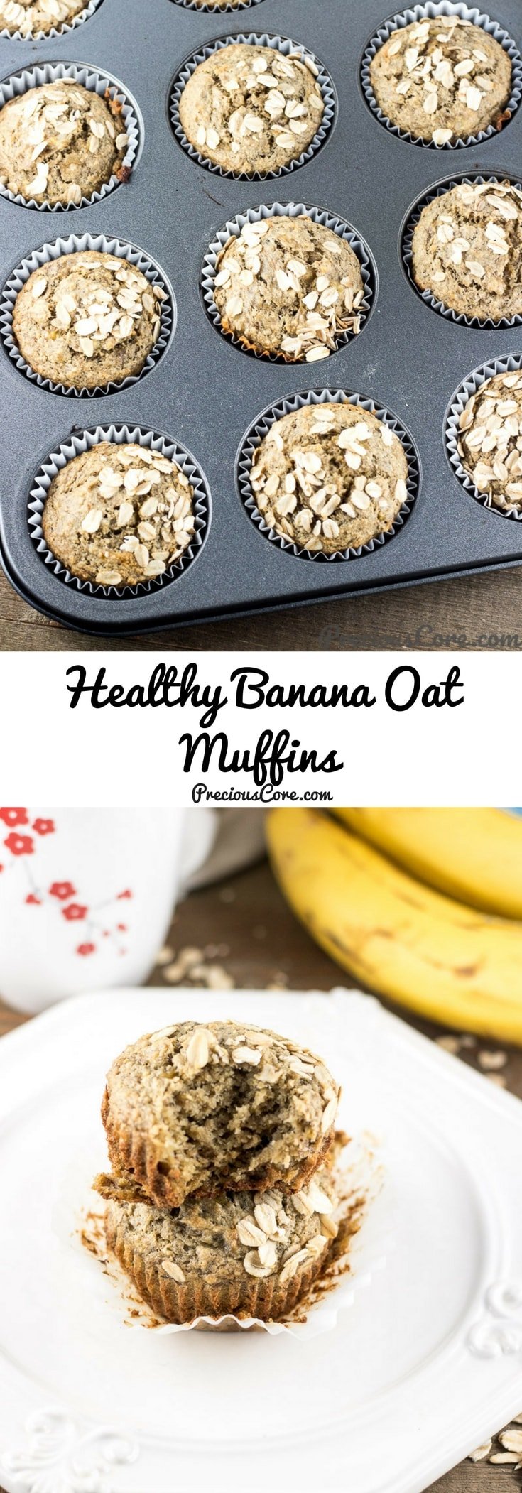 Healthy Banana Oat Muffins that are so tasty and do not taste healthy at all. Also, they do not contain any regular flour. Enjoy these for breakfast or for snack time. The recipe is so simple, requiring only one bowl and 7 simple ingredients. Get the recipe on Precious Core. #Healthy #Baking #GlutenFree #Muffins