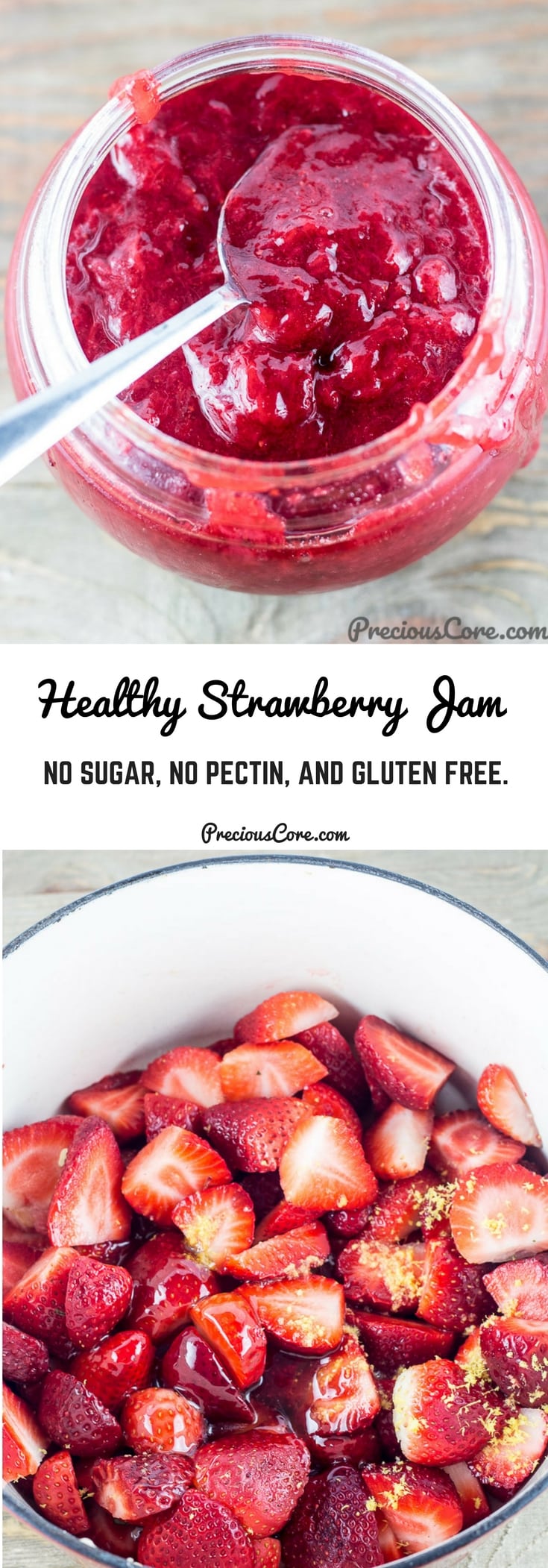 This healthy strawberry jam doesn't taste healthy at all. It is sweet, fruity with a gel-like consistency like a jam should be. It is made without sugar or pectin. Enjoy at your breakfast table with bread, pancakes and more. Get the recipe on Precious Core. #healthy #breakfast #glutenfree